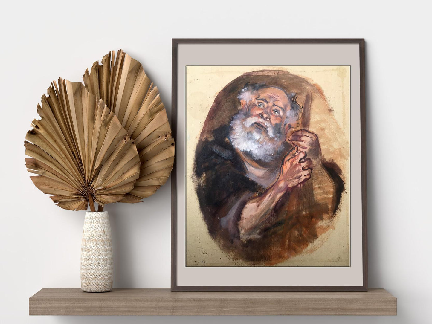 Framed watercolor portrait of bearded old man with cane by Alexander Litvinov