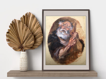 Framed watercolor portrait of bearded old man with cane by Alexander Litvinov