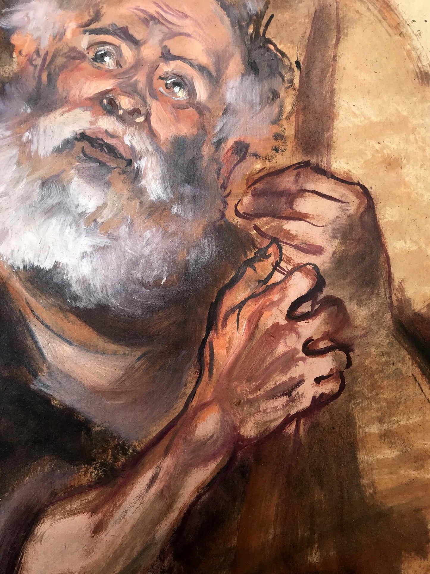 Oil painting portrait of bearded old man with cane by Alexander Litvinov