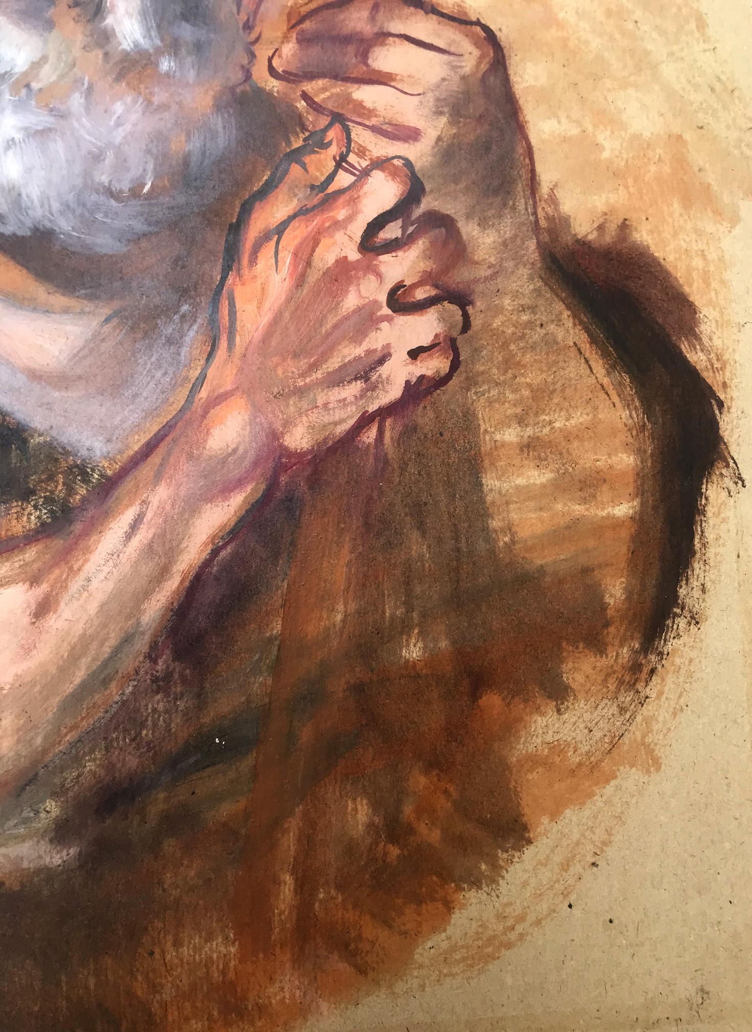 Textured pastel sketch of clasped hands by Alexander Litvinov old man portrait