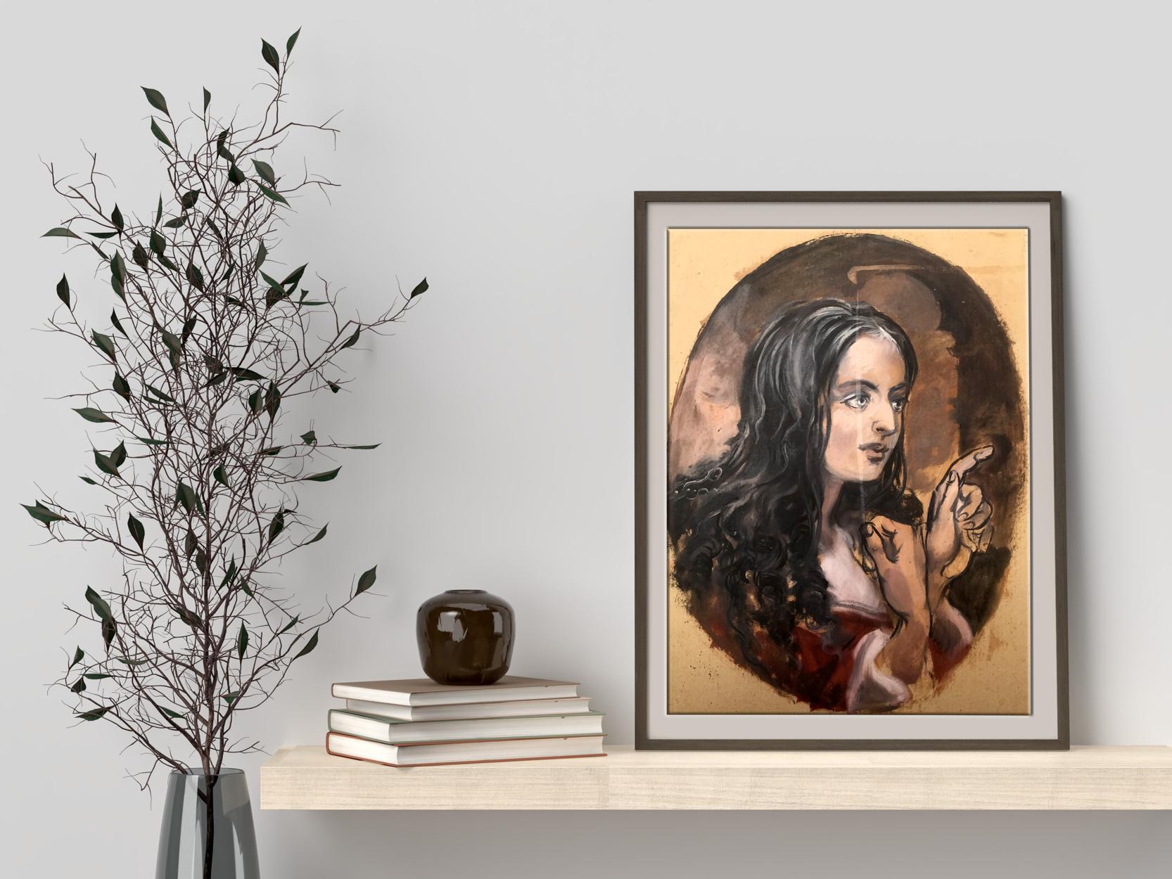 Framed watercolor portrait of woman by Litvinov in oval composition
