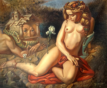 Oil painting Premonition of Spring by Litvinov Daniil Olegovich: nude blonde braided woman with red fabric beside surreal figure holding miniature house