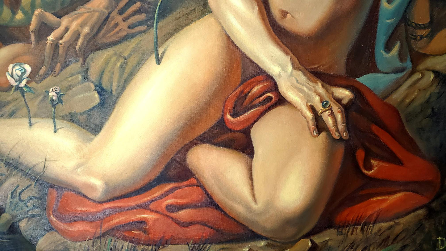 Nude figure reclines on red fabric with white roses in Litvinov Daniil Olegovich oil painting