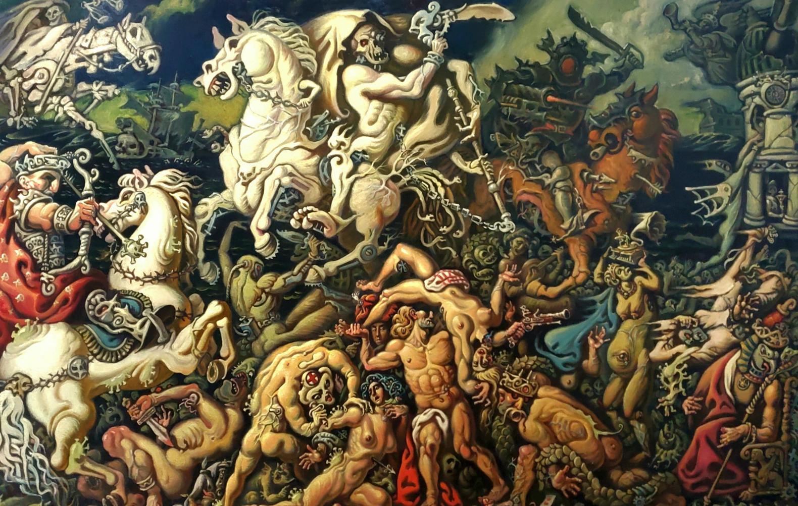 Oil painting of Horsemen of the Apocalypse attacking by Daniil Litvinov