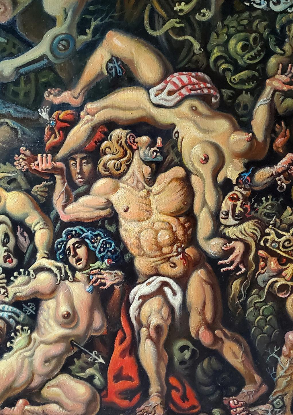 Muscular nude man with red-white headband in Horsemen of Apocalypse oil painting by Daniil Litvinov