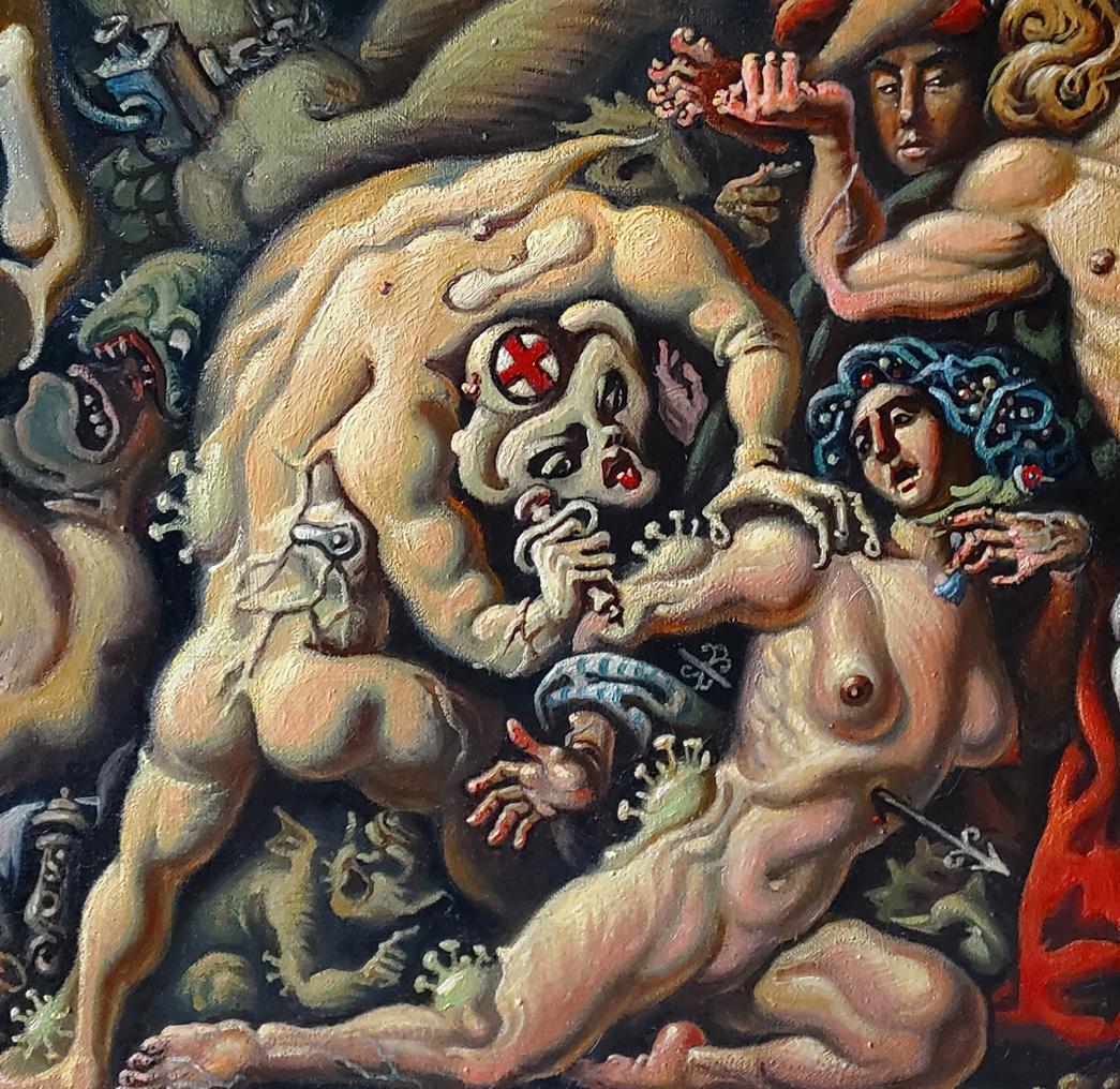 Surreal oil painting of Horsemen of Apocalypse attacking Daniil Litvinov