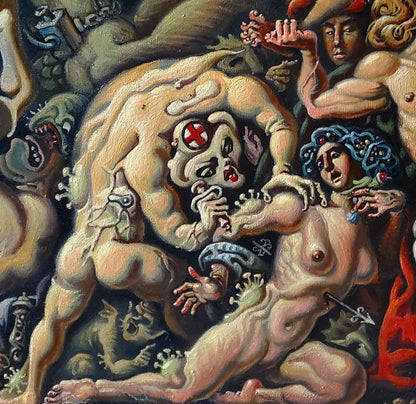 Surreal oil painting of Horsemen of Apocalypse attacking Daniil Litvinov