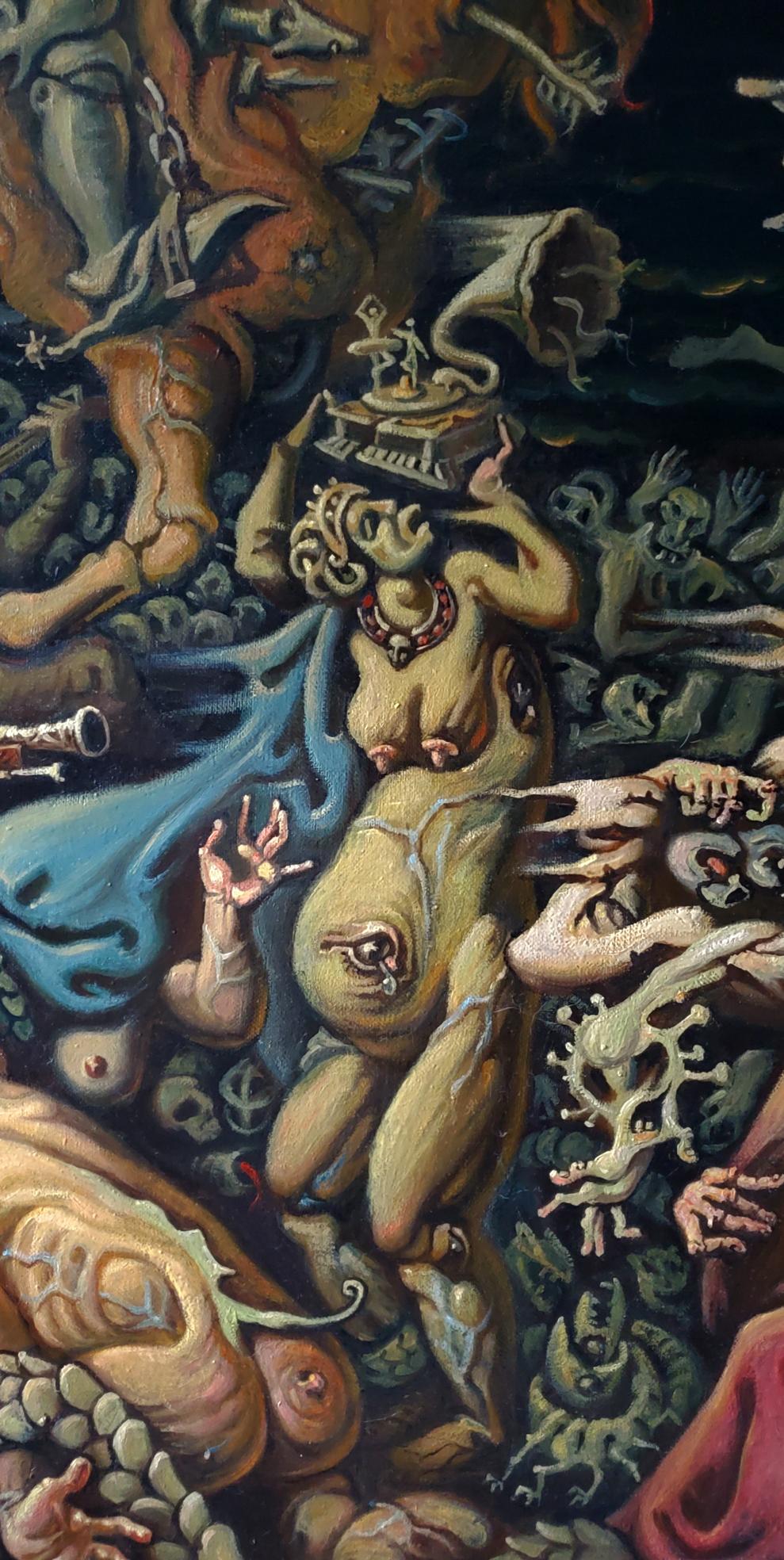 Surreal oil painting of nude female with belly eye by Daniil Litvinov