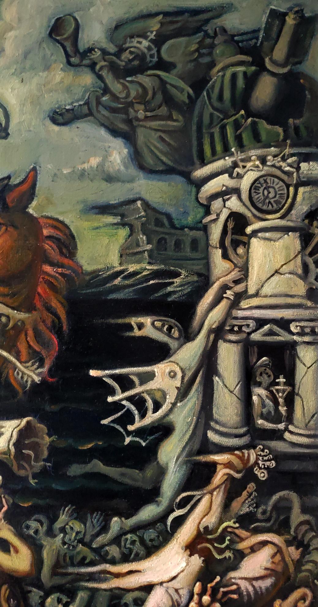Surreal dark oil painting of Horsemen of Apocalypse attacking Daniil Litvinov with ornate column