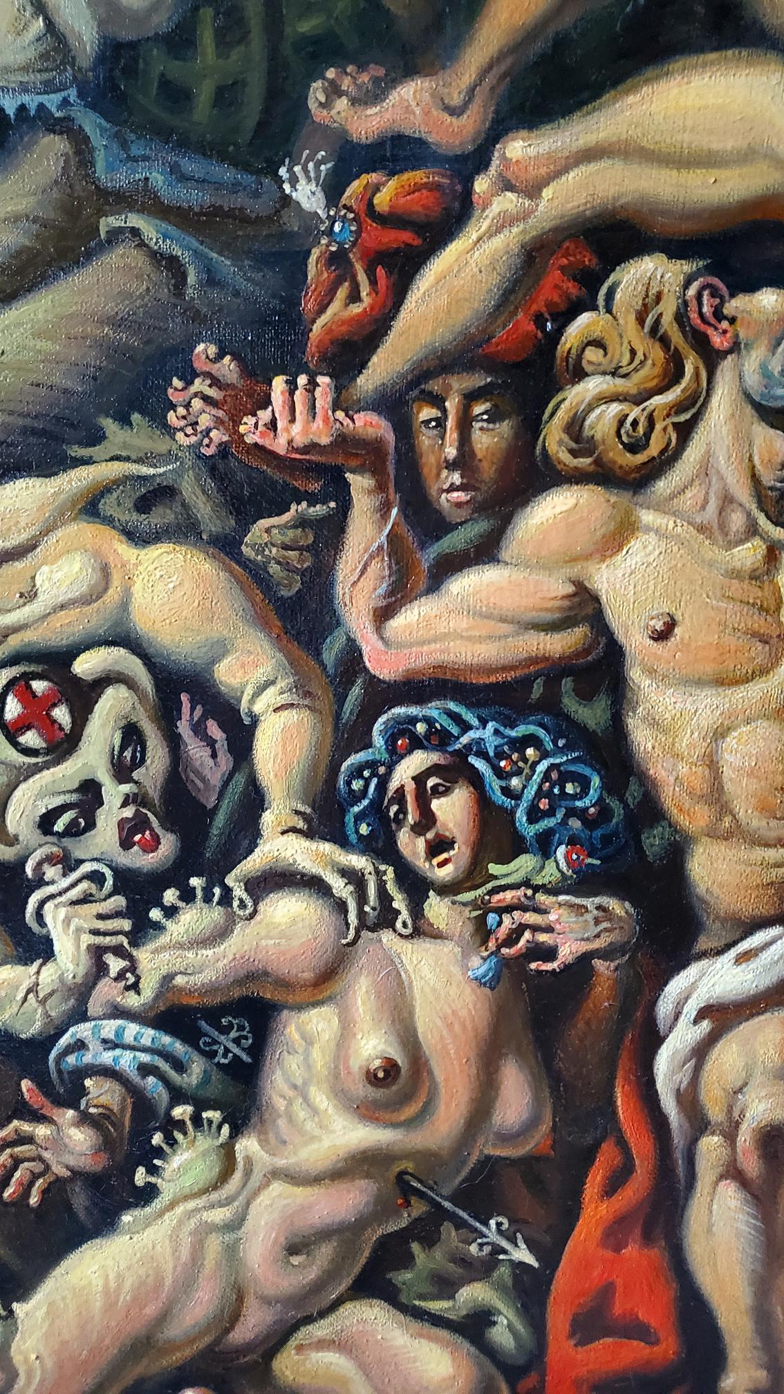 Surreal oil painting of Horsemen of the Apocalypse attacking Daniil Litvinov