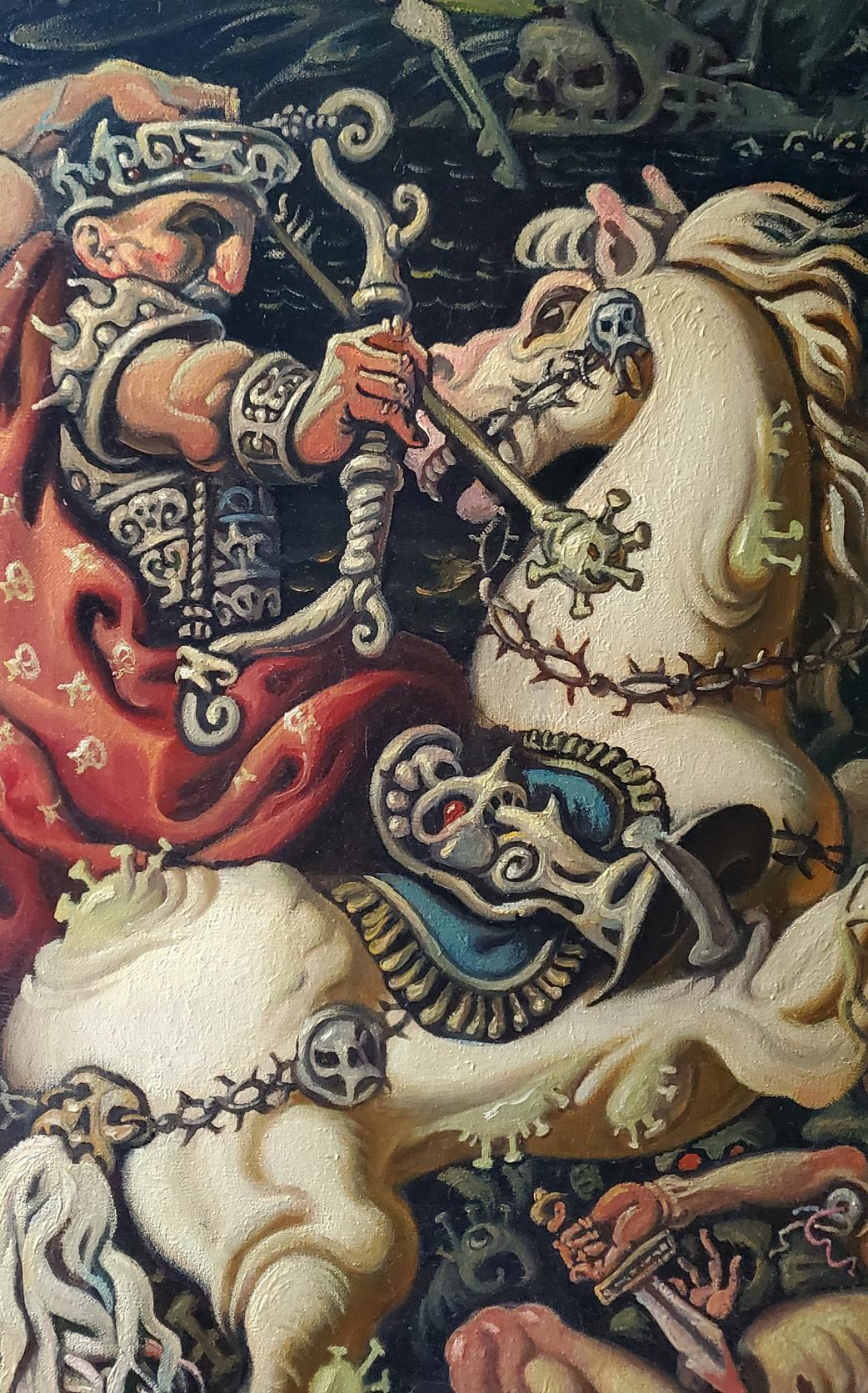 Regal bearded warrior Daniil Litvinov on white horse in Horsemen of Apocalypse oil painting