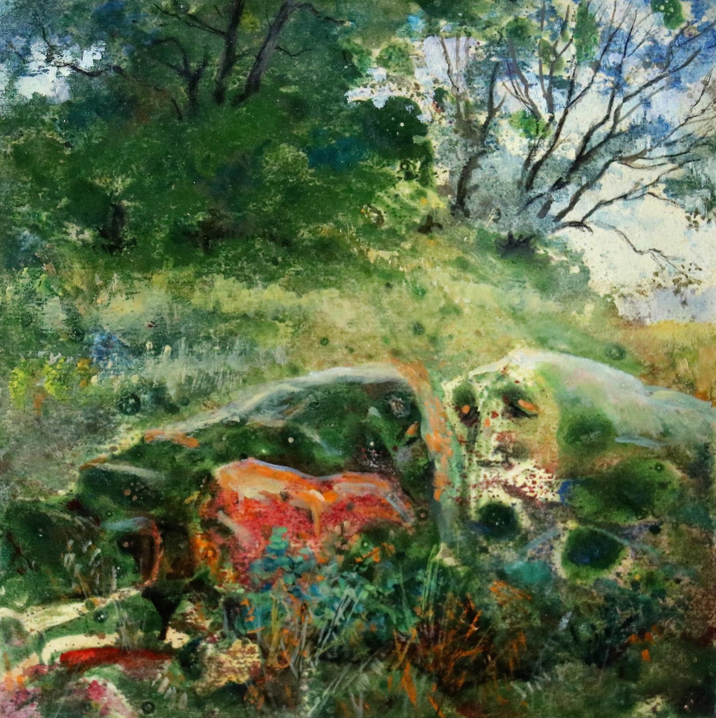 Oil painting At the clearing by Vitaly Duhnevich: mossy rock in foliage