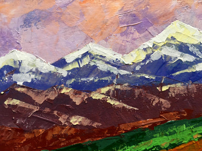 Oil painting Evening in the mountains by Zadorozhnya V. V. with snow-capped peaks