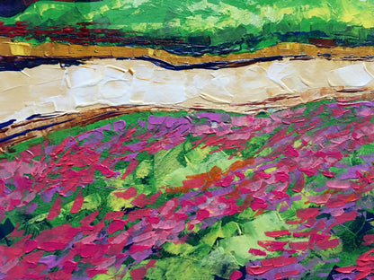 Vibrant impressionist oil painting by V. Zadorozhnya of colorful purple flowers and green hills