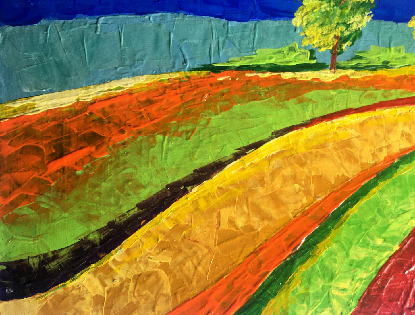 Oil painting Way home by Zadorozhnya V. V. vibrant fields in red green yellow stripes