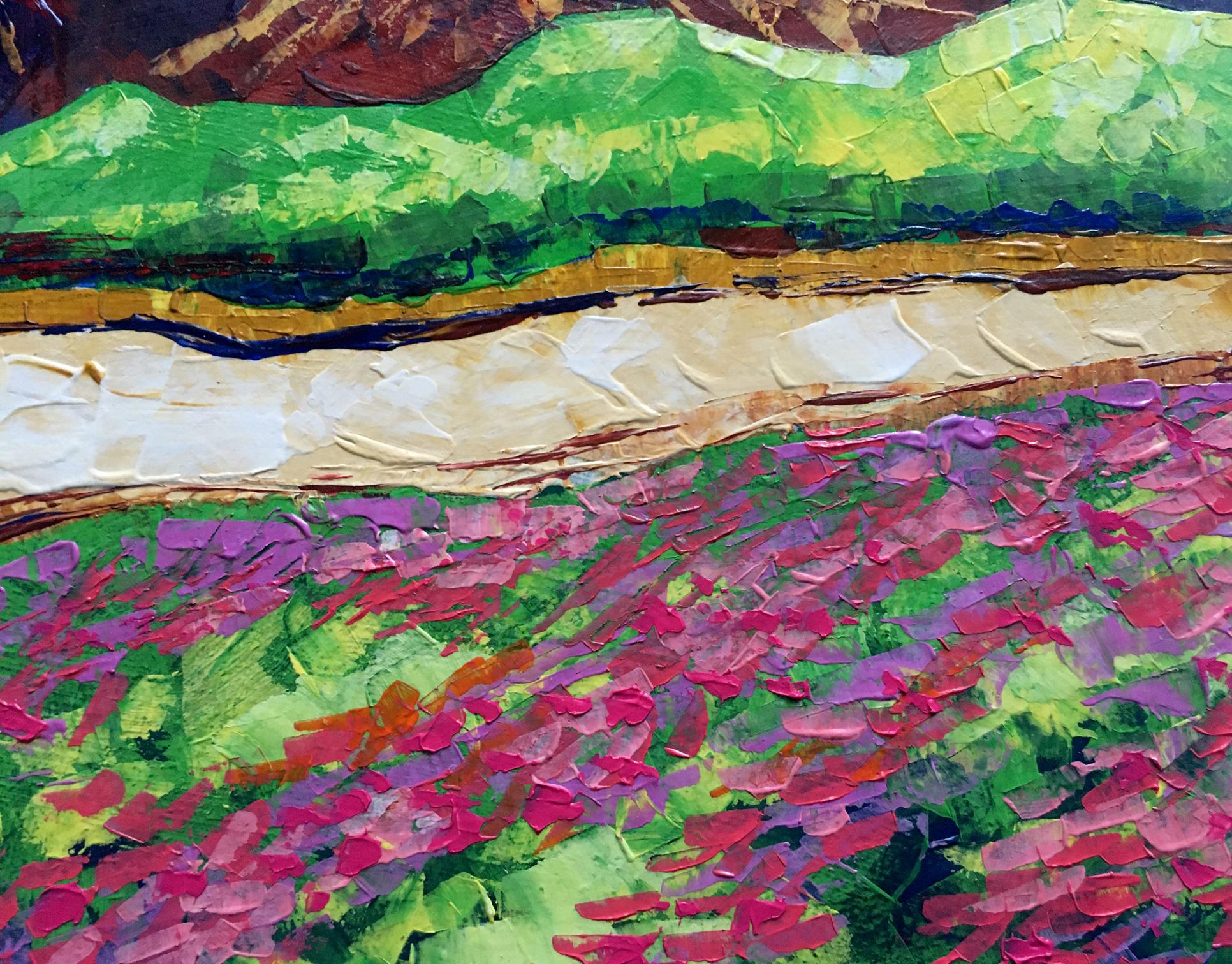 Vibrant impressionist oil painting by V. Zadorozhnya: colorful green hills, path, magenta flowers