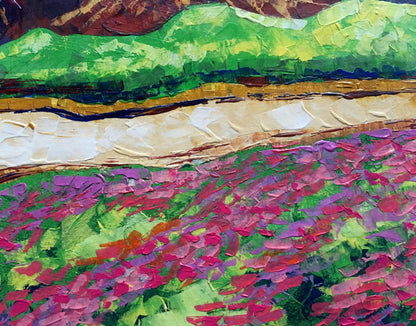Vibrant impressionist oil painting by V. Zadorozhnya: colorful green hills, path, magenta flowers