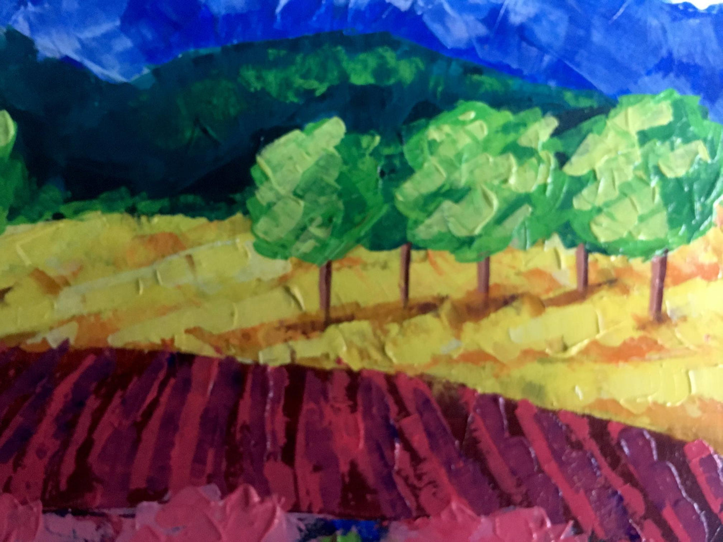 Vibrant impressionist oil painting of Zadorozhnya vineyards in forested mountains