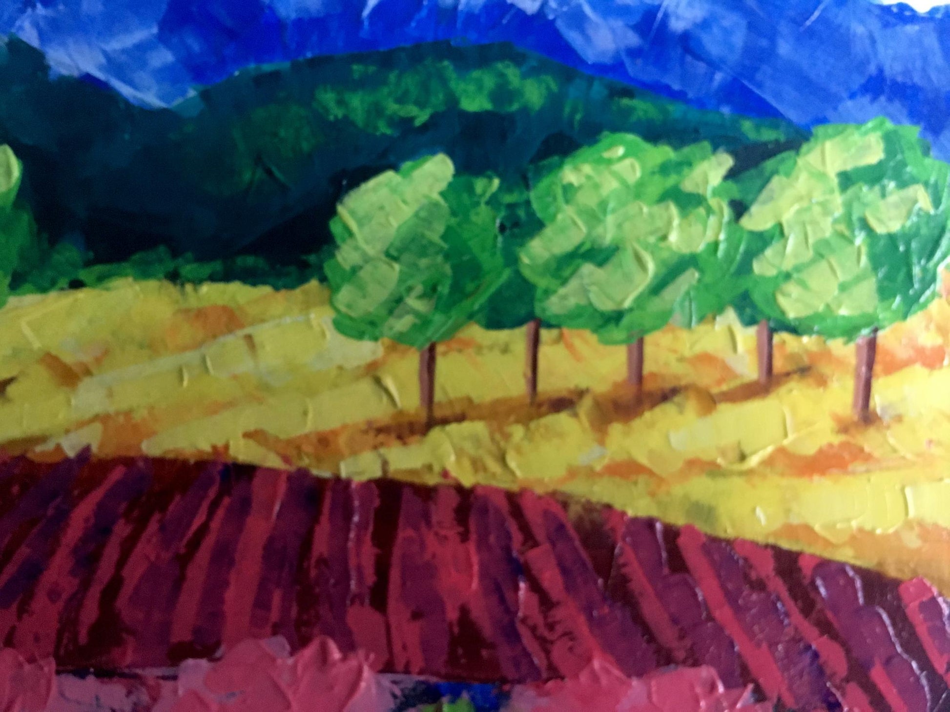 Vibrant impressionist oil painting of Zadorozhnya vineyards in forested mountains