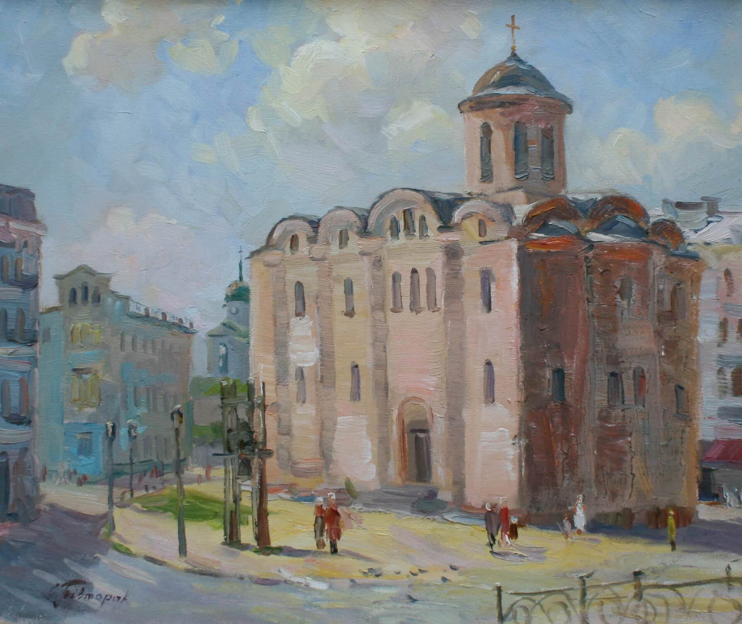 Oil painting of grand pink stone church by Sergiy Pivtorak