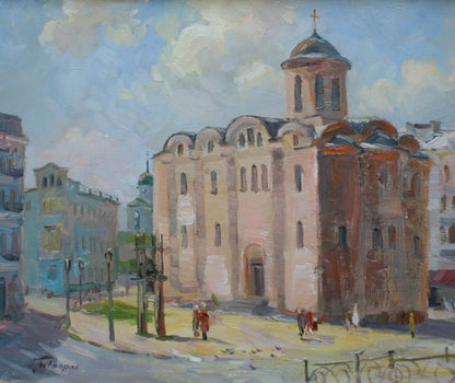 Oil painting of grand pink stone church by Sergiy Pivtorak