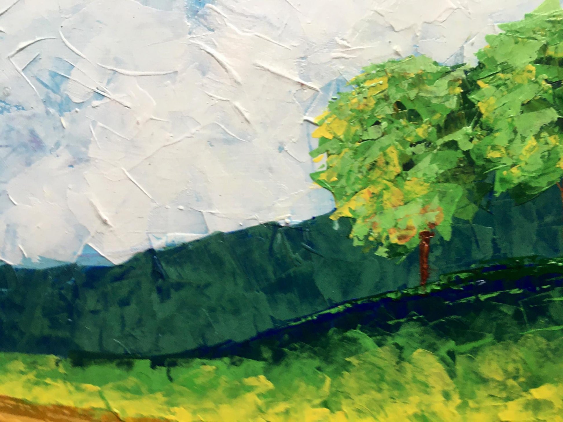 Oil painting Autumn morning in the field by V. Zadorozhnya, vibrant green tree