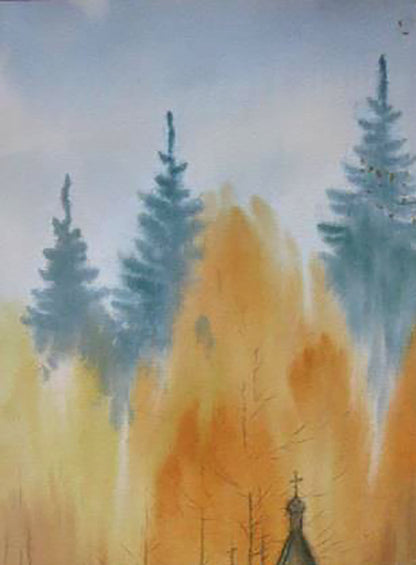 Watercolor painting Autumn Nature Landscape Savenets Valery