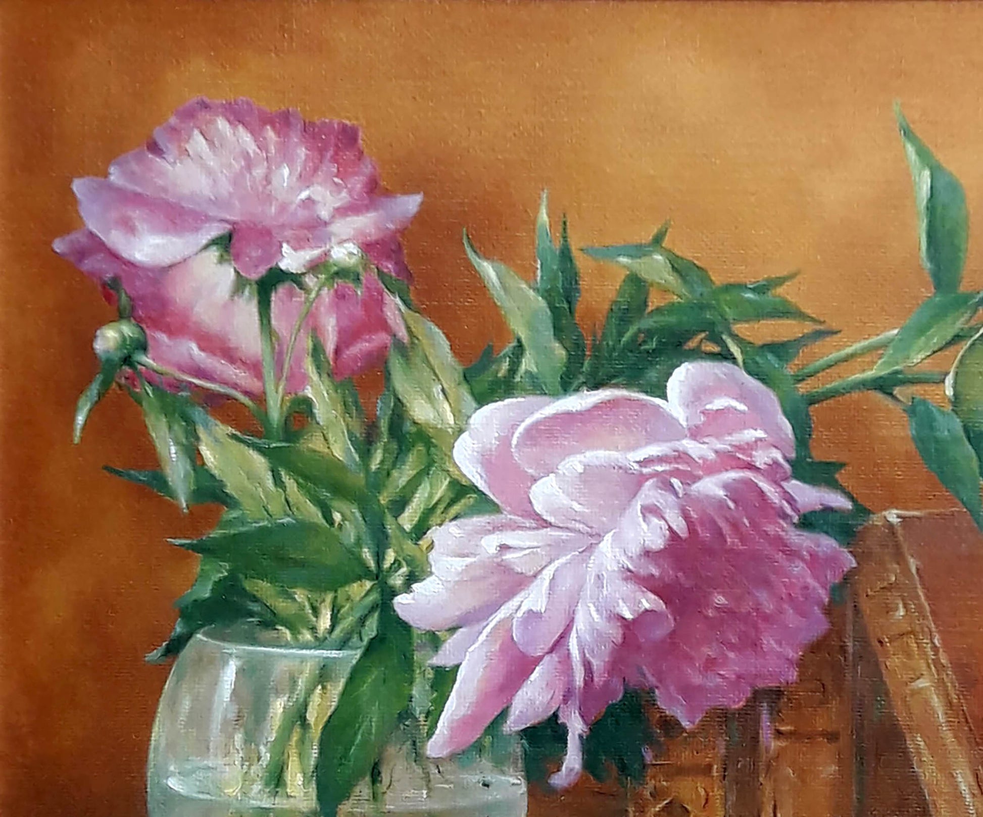 Oil painting of pink peonies in glass vase by Vasily Korkishko