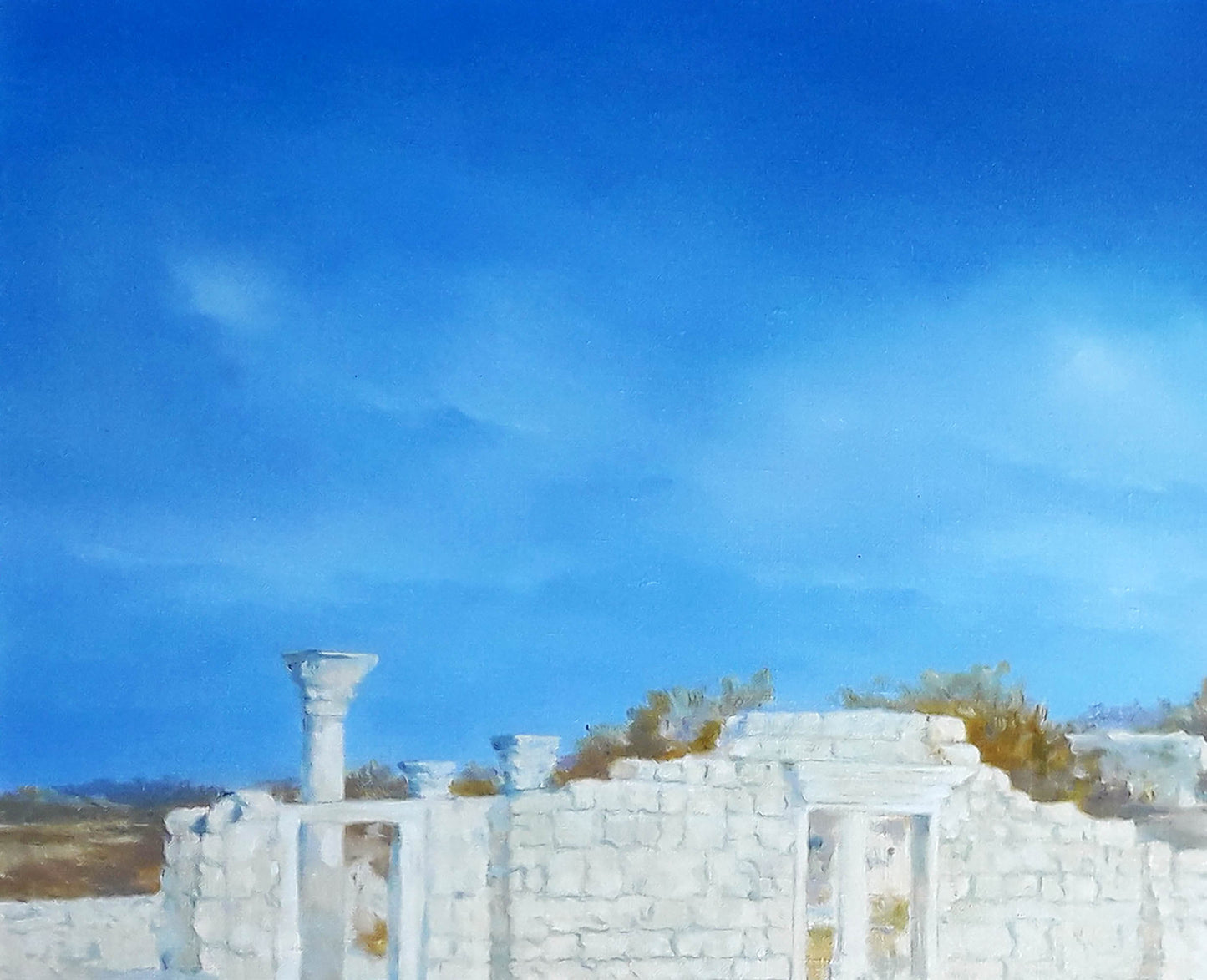 White stone ruins under vibrant blue sky oil painting by Korkishko Vasily