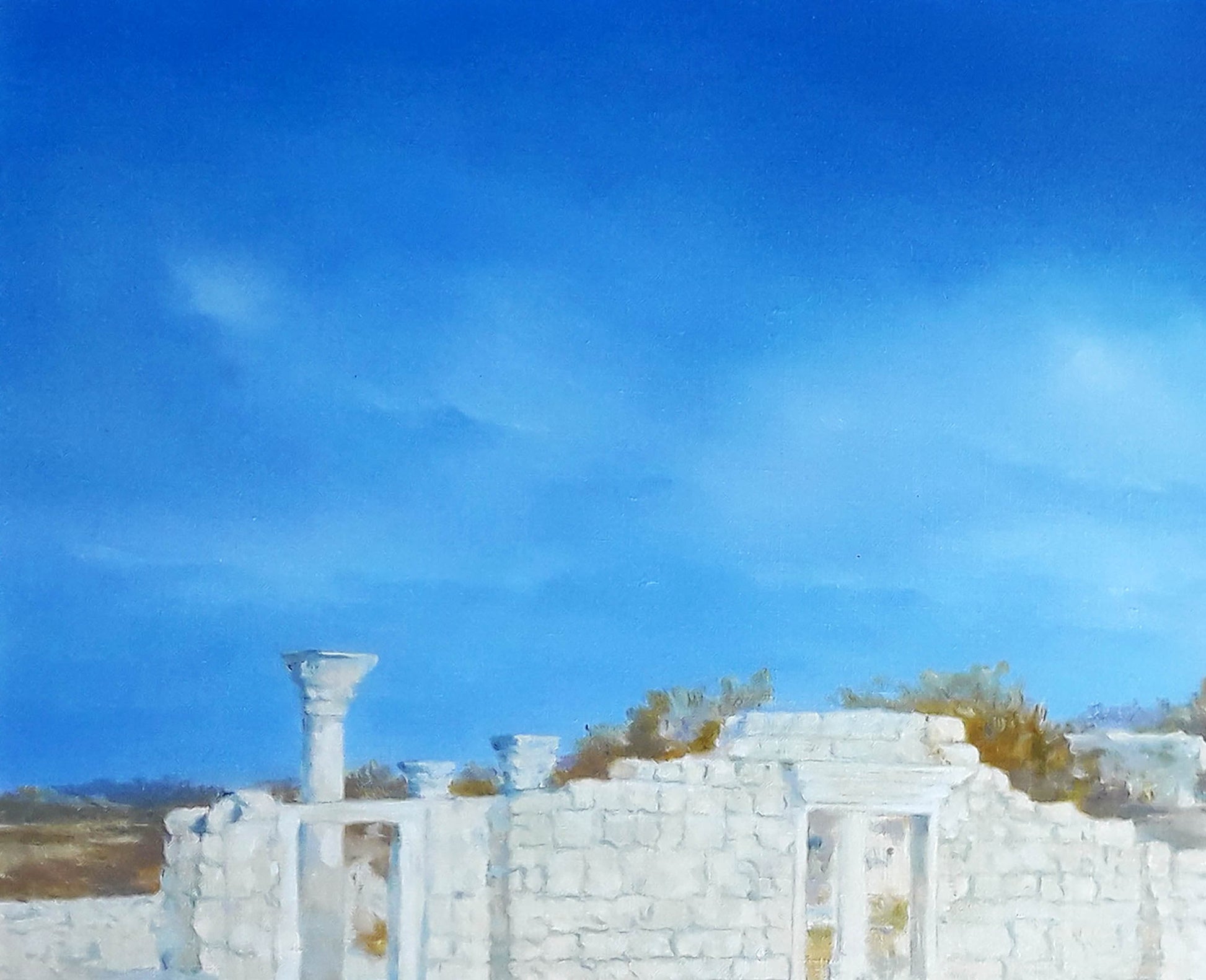 White stone ruins under vibrant blue sky oil painting by Korkishko Vasily