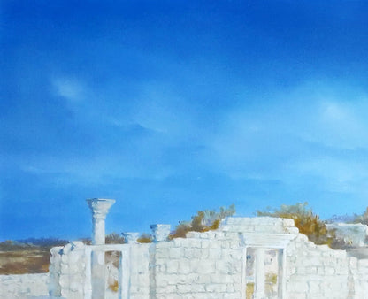 White stone ruins under vibrant blue sky oil painting by Korkishko Vasily