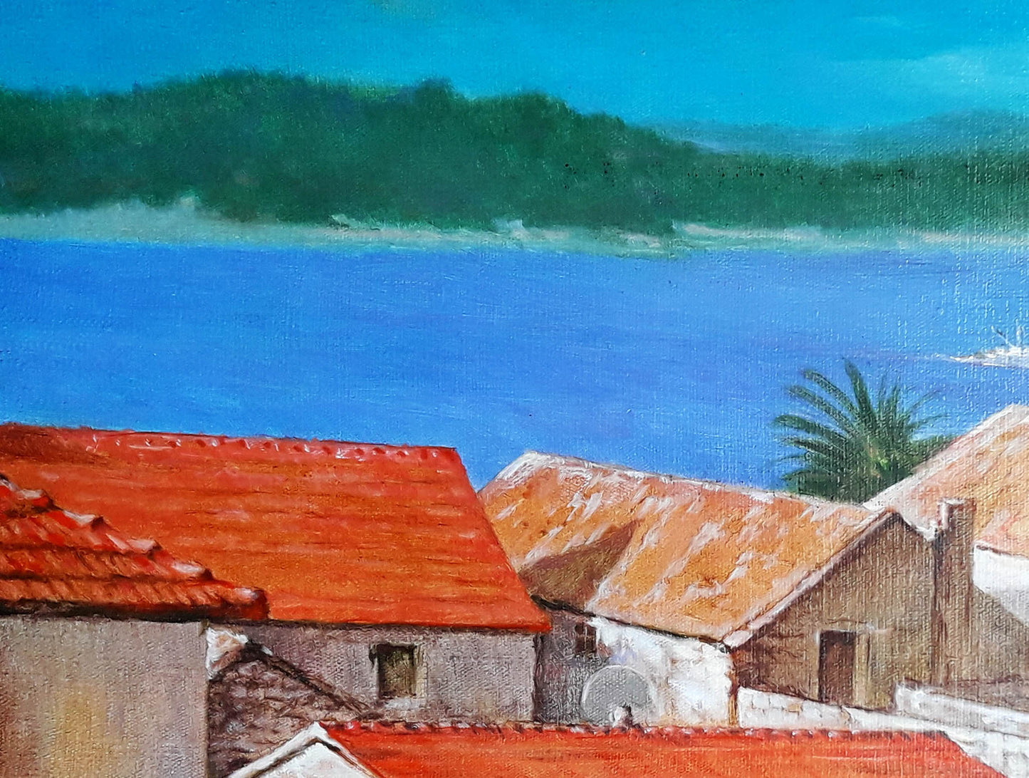 Red terracotta roof tiles on rustic stone building in Villas by the sea oil painting by Vasily Korkishko