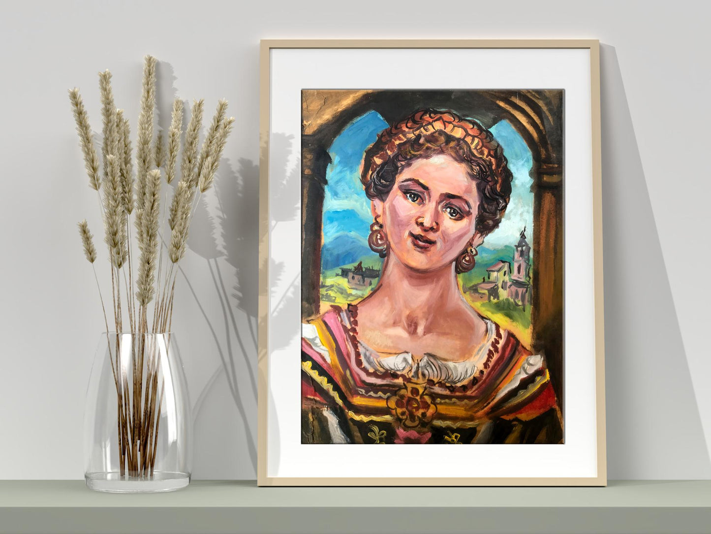 Framed Frida Kahlo oil portrait by Alexander Litvinov in light wood frame
