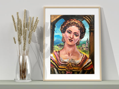Framed Frida Kahlo oil portrait by Alexander Litvinov in light wood frame