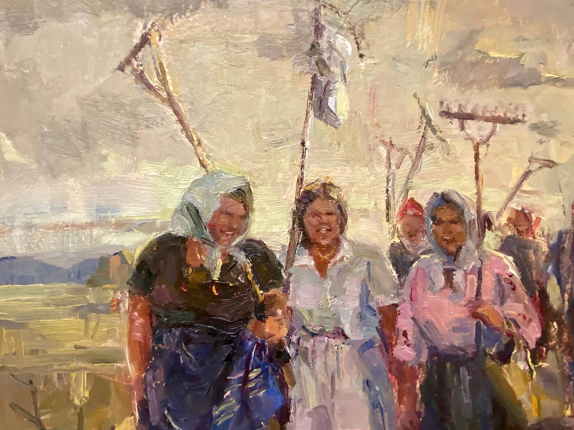 Oil painting Kolkhoz women: smiling figures in rustic attire in field