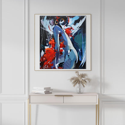 Vibrant abstract oil painting by Angel Kozyar Yuri with red, blue, black strokes in white frame