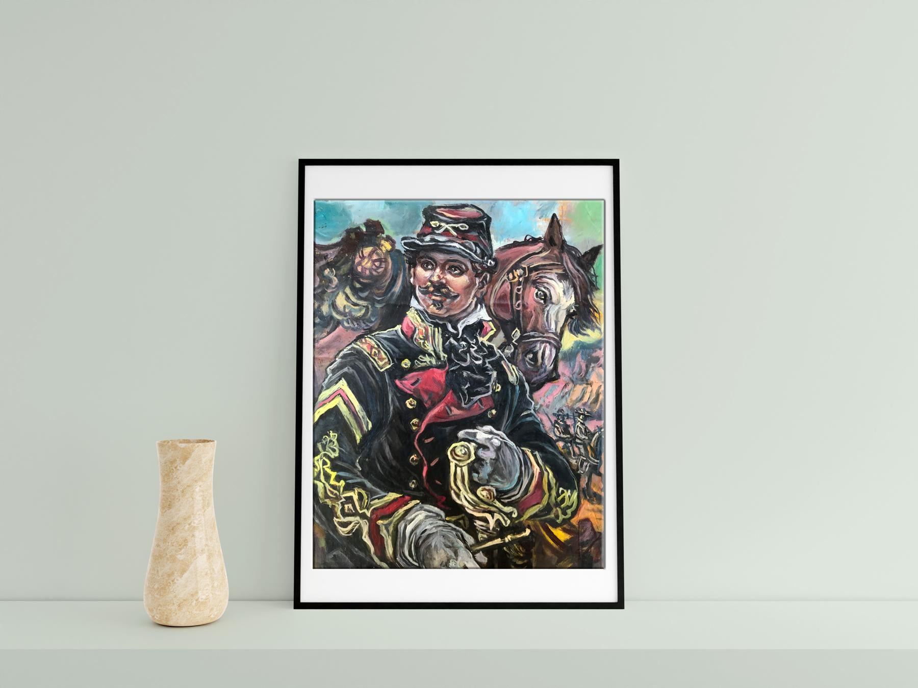 Framed oil painting portrait of officer and horse by Alexander Litvinov
