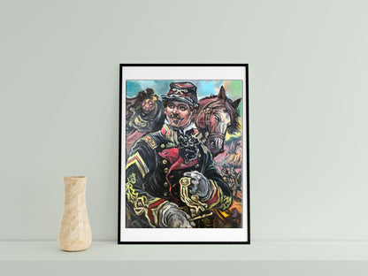 Framed oil painting portrait of officer and horse by Alexander Litvinov