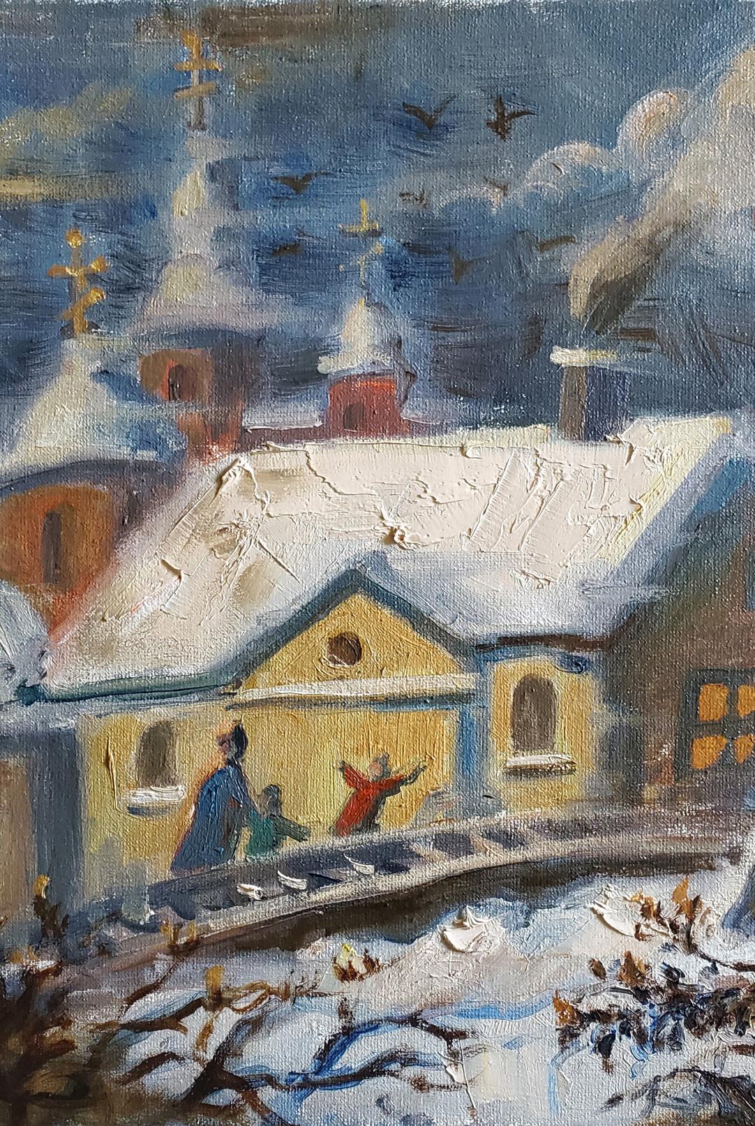 Oil painting of snow-covered yellow house with red roof by Litvinov Daniil Olegovich