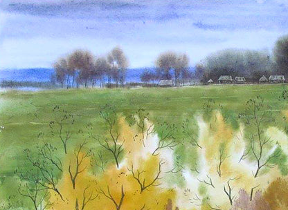 Watercolor painting Village Autumn Landscape  Valery Savenets