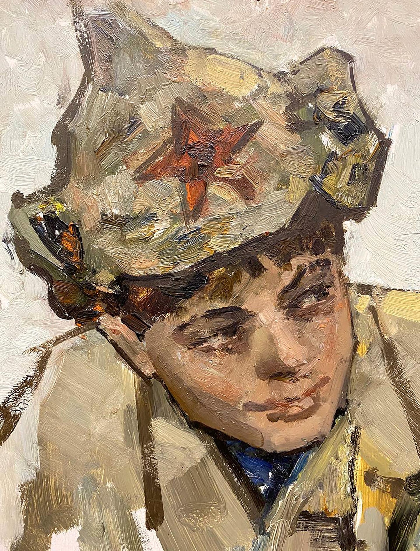 Textured oil painting of boy in beige cap with orange star by Leonid Mikhaylovich