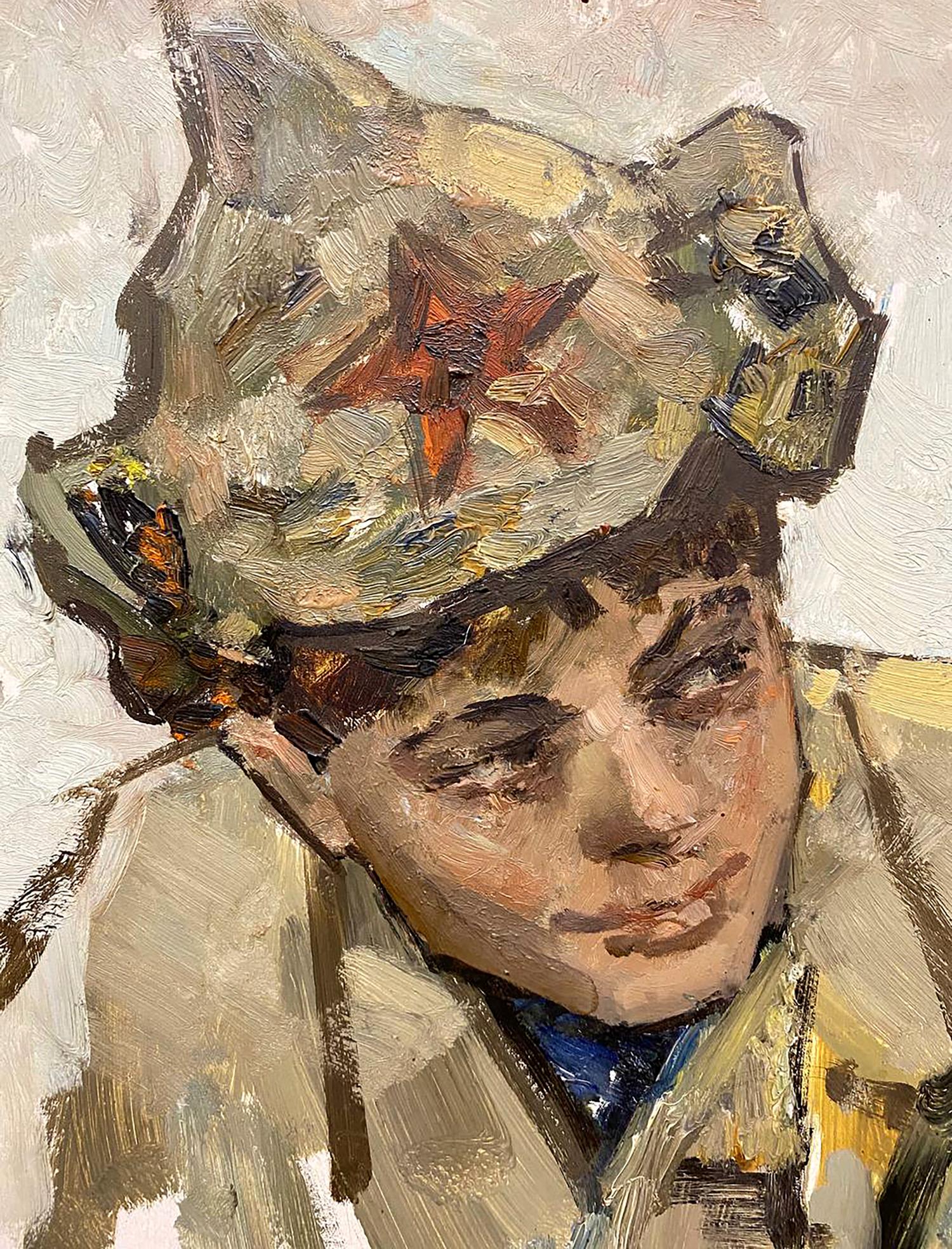Textured oil painting of boy in beige cap with orange star by Leonid Mikhaylovich