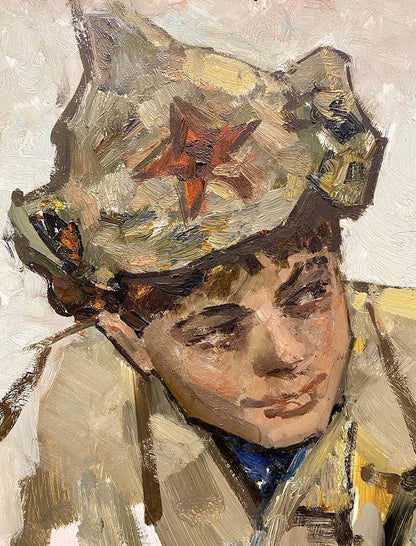 Textured oil painting of boy in beige cap with orange star by Leonid Mikhaylovich