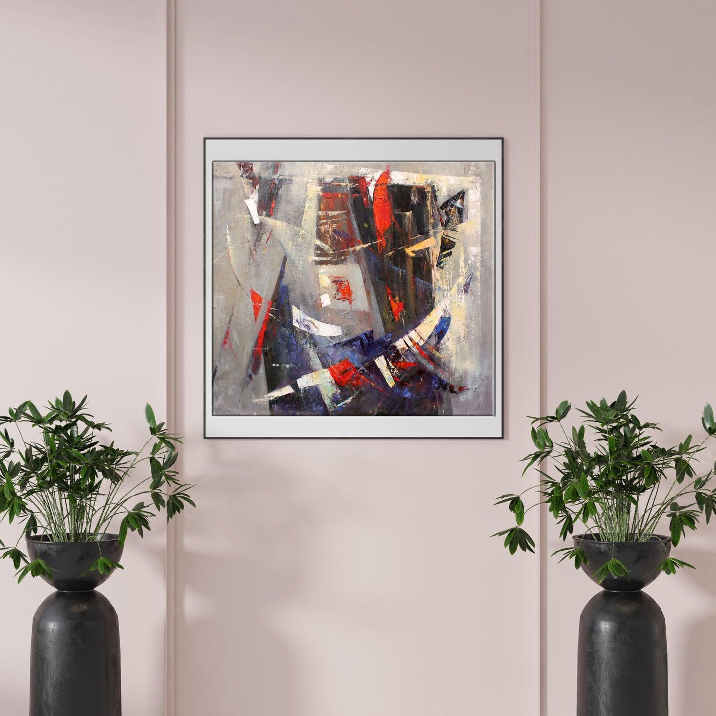 Oil painting Evening by Valentina Alekseevna Kozyar, bold red blue black strokes on gray canvas, white frame