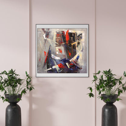 Oil painting Evening by Valentina Alekseevna Kozyar, bold red blue black strokes on gray canvas, white frame