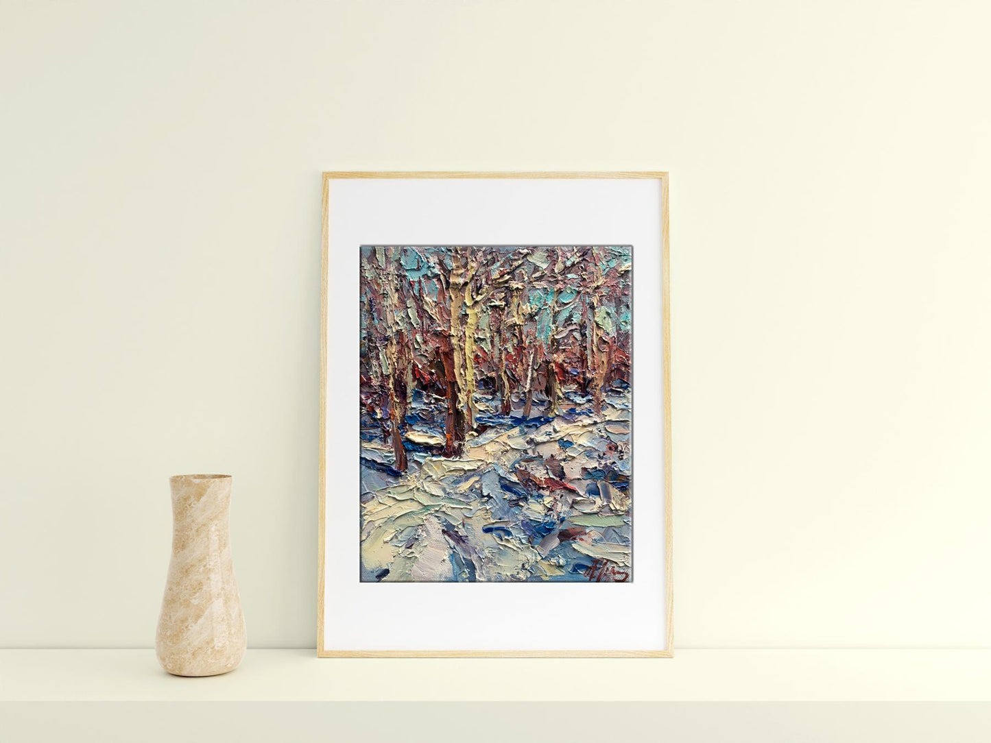 Oil painting Forest covered with snow 