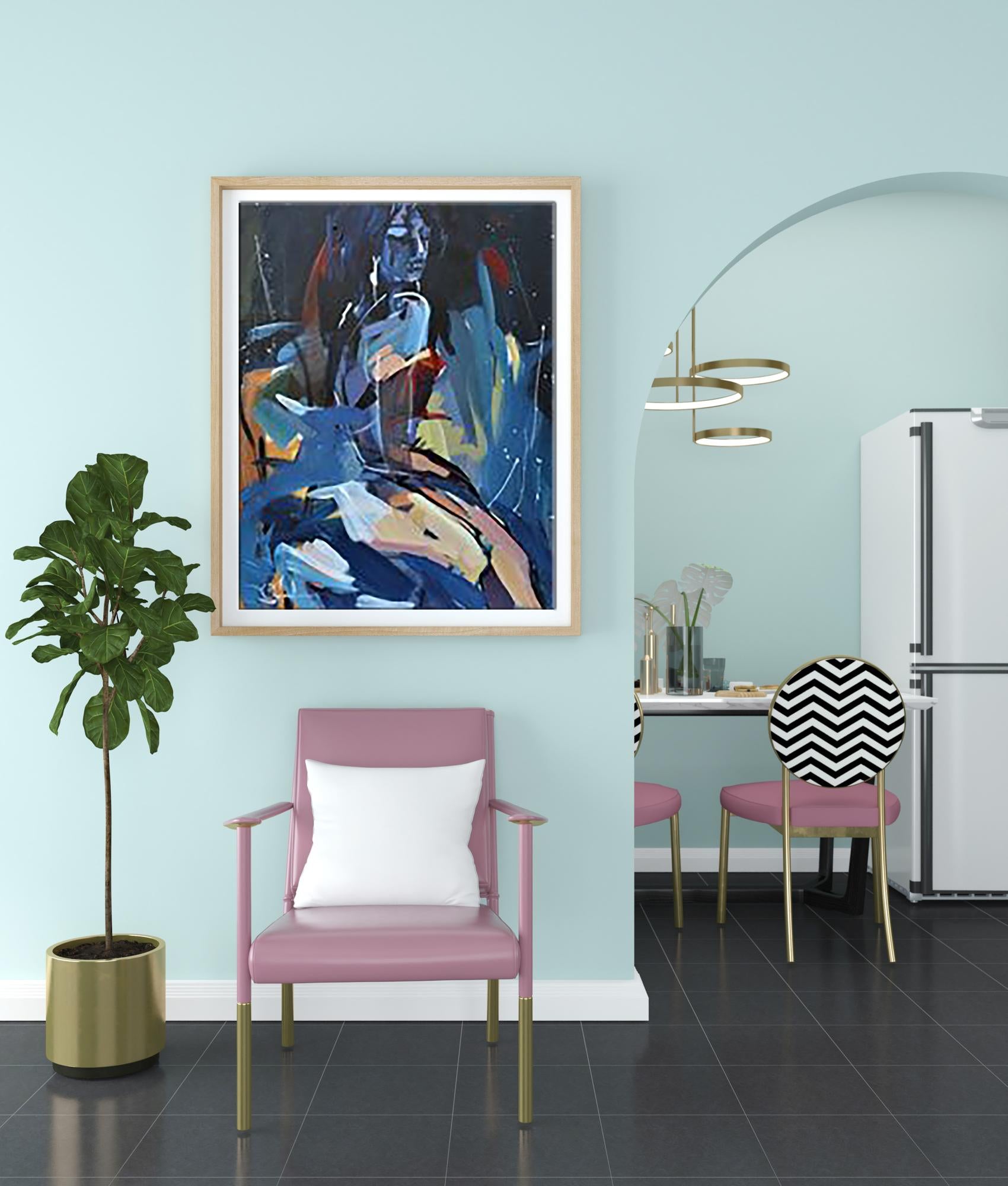 Pink leather armchair with gold legs, white cushion, Yuri Kozyar painting