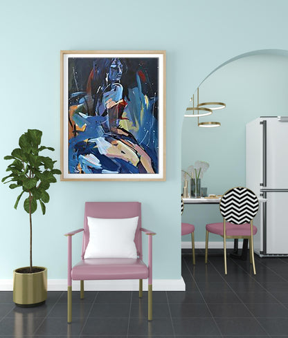 Pink leather armchair with gold legs, white cushion, Yuri Kozyar painting