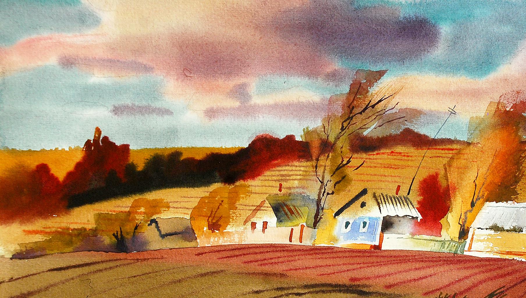 Watercolor October landscape by Egor Shvachunov with autumn hills and houses