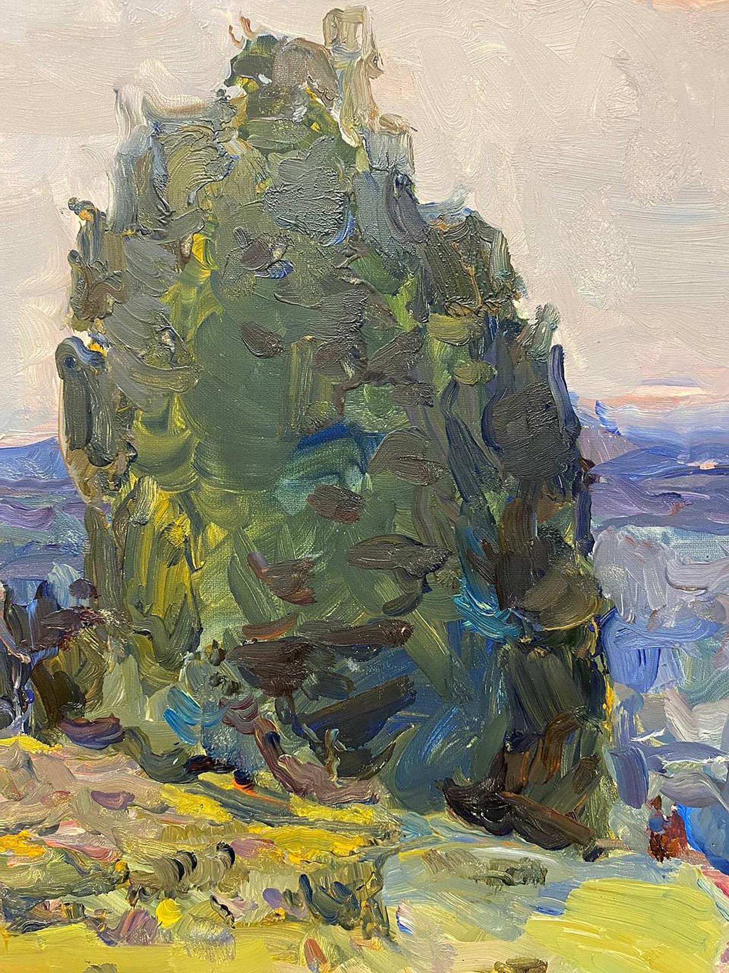 Oil painting On a hill by Chernov Leonid Ivanovich textured green blue rock formation